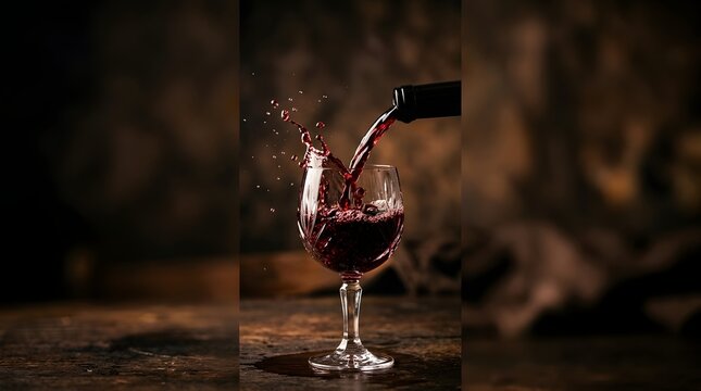 Red wine pouring from a bottle into a faceted crystal goblet