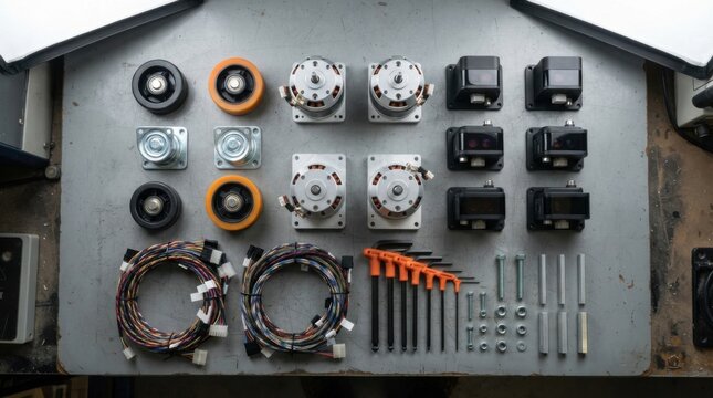 Systematic knolling flat lay of mobile robot service parts on workbench: brushless drive motors, polyurethane caster wheels, lidar sensor, wiring harnesses, hex keys.