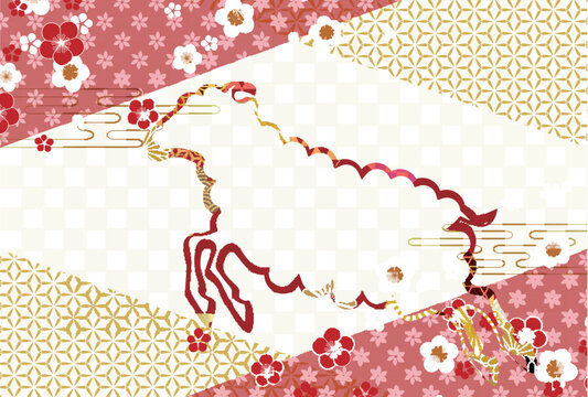 梅の花と金色の幾何学模様をあしらった伝統的な和風デザイン