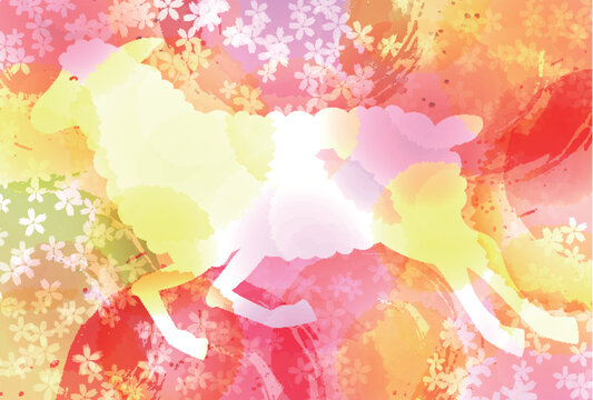 桜の花をあしらったスタイリッシュな動物シルエットの水彩画