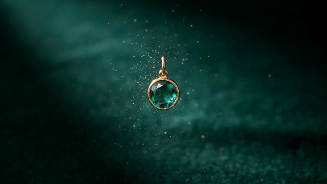 A radiant emerald gemstone pendant with a gold bail suspended in a dark, mystical green environment with sparkling dust particles, exuding elegance and enchantment