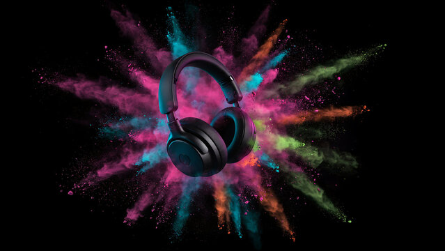 Black over-ear headphones exploding with colorful powder clouds in pink, teal, green, and orange against a black background, symbolizing music and energy