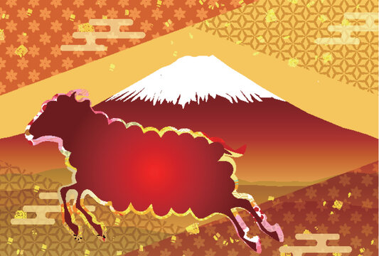 富士山と装飾的な動物のシルエットをあしらった和風デザイン