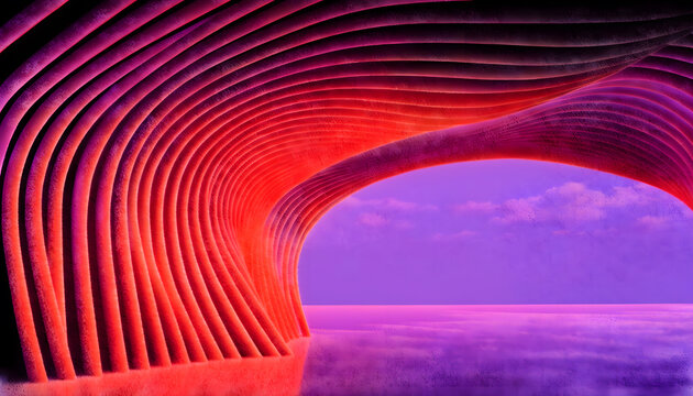 Sweeping architectural red ribs curving over desert plain. Modern futuristic pavilion and parametric canopy. Curved glowing arches framing scenic violet sunset sky