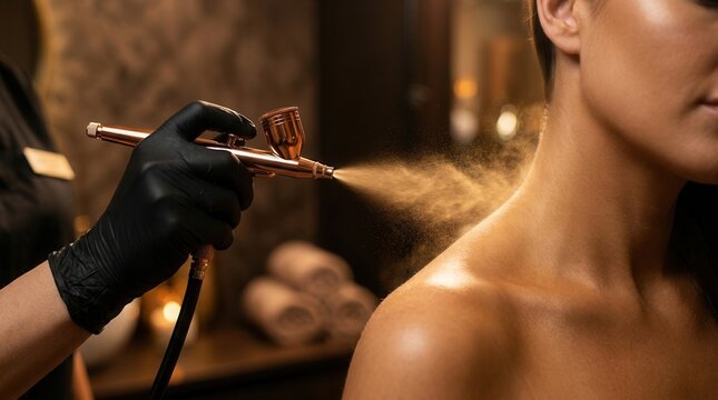 Professional spray tan bronzer application on a client's skin.