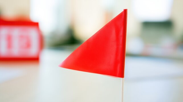 Red triangular flag on a wooden stick standing on a tabletop indoors