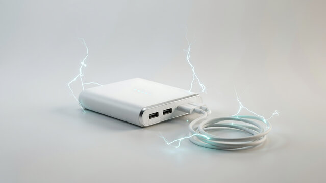 White portable power bank with usb ports and attached charging cable, surrounded by electric blue lightning sparks on a white background