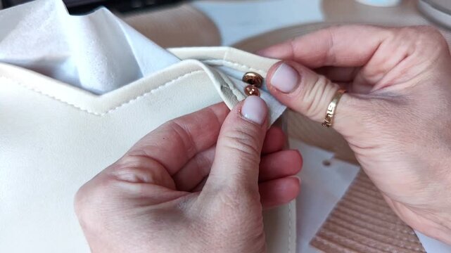 Woman's hands fasten the snap button on a beige leather tissue holder and leave it on the kitchen table, household organization, domestic routine, practical home accessory.