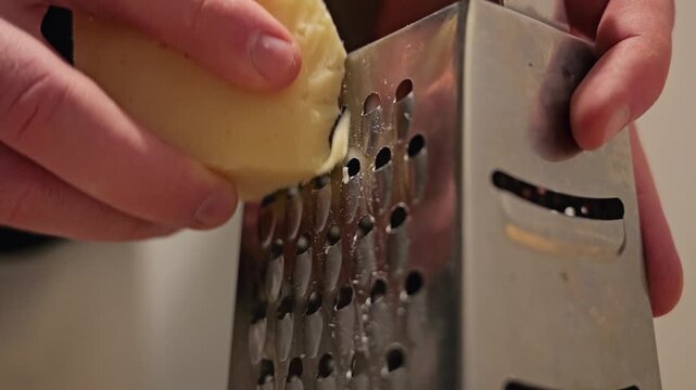Man grates a block of hard cheese using a metal grater during food preparation