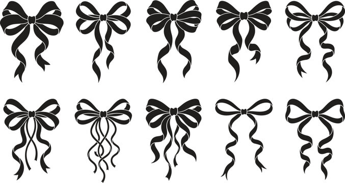 Collection of black ribbon bow silhouettes with curly elegant streamers isolated on white background