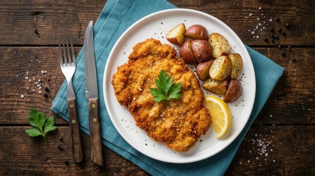 Homemade breaded German Weiner Schnitzel served with roasted potatoes and lemon.