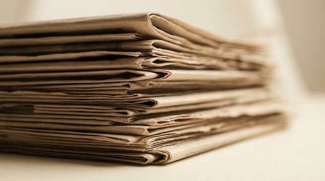 Vintage stack of newspapers with folded edges and warm tones.
