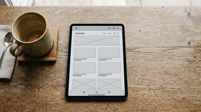 Digital tablet showing a website wireframe layout on a rustic wood table
