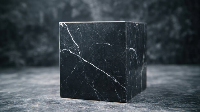Elegant black marble cube on textured surface with white veining detail