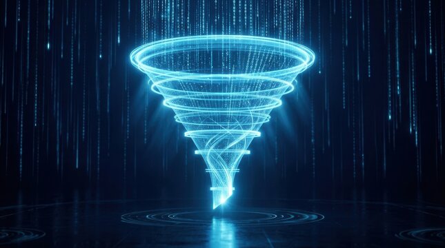 Glowing blue digital funnel composed of concentric rings filtering matrix code data.