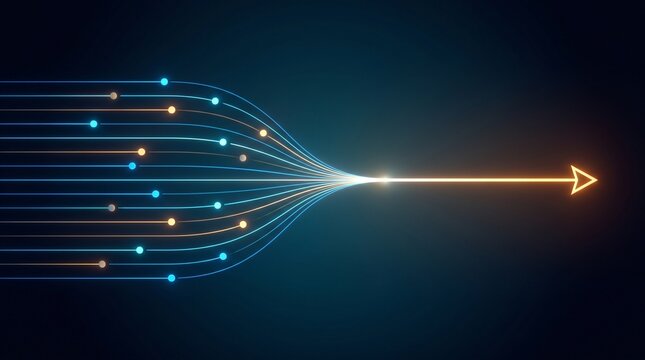 Simplifying complexity concept visualizing chaotic digital data lines merging into a single straight glowing laser beam

