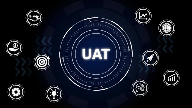 UAT User Acceptance Testing Concept Animation with Futuristic Digital Interface and Technology Icons.