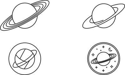 Saturn Planet and Space Icon Set with Orbit Rings and Galaxy Badge Elements in Minimalist Line Art Style © MdRobiul