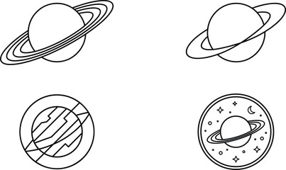 Outer Space Planet Icon Set Featuring Saturn Rings and Textured Celestial Badges in Minimalist Line Art Style © MdRobiul