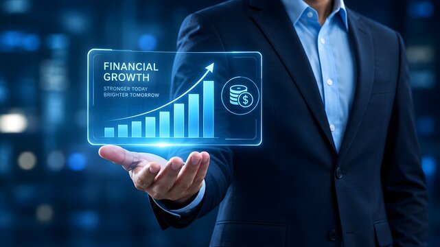 Visualizing exponential growth a business professional demonstrates future success with digital data analytics and innovative technological advancements in a modern setting