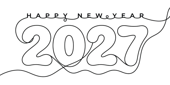 Happy new year 2027 continuous line art lettering and numbers typography design
