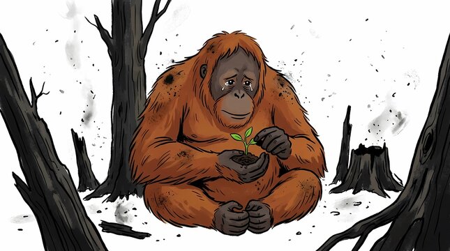 An orangutan sits alone in a deforested landscape holding a tiny plant.