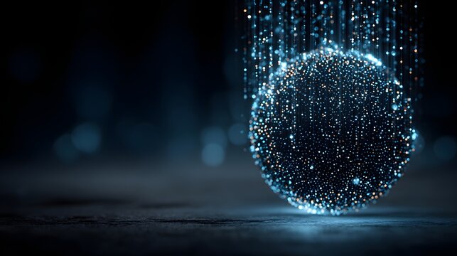 Glowing particle sphere with falling light streaks on dark textured floor in futuristic technology environment.