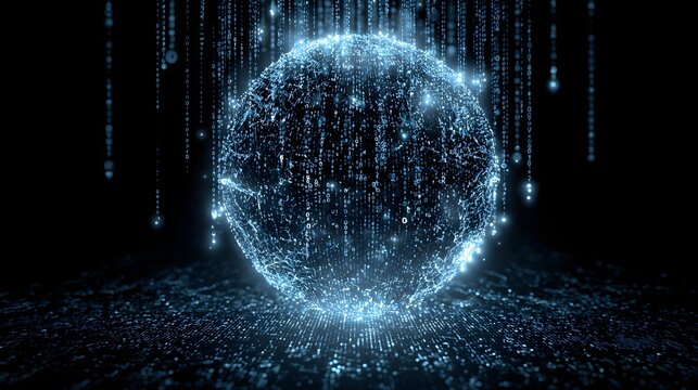 Glowing blue digital data globe constructed from binary code floating above reflective tech surface plane.