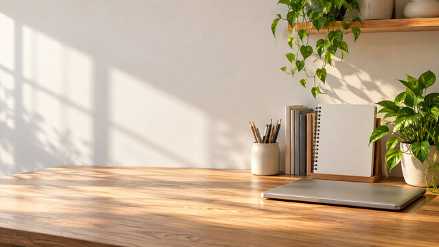 Clean workspace with closed laptop in morning light