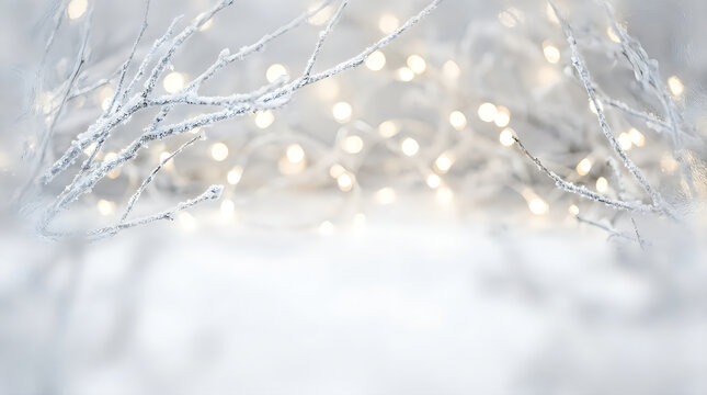 A serene winter scene featuring frosted branches adorned with twinkling lights evoking the magic of christmas and the holiday season