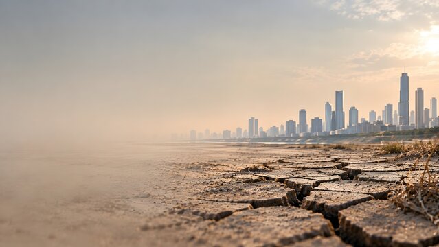 Urban drought and climate change concept with severely cracked dry earth in foreground and hazy modern city skyline in distance