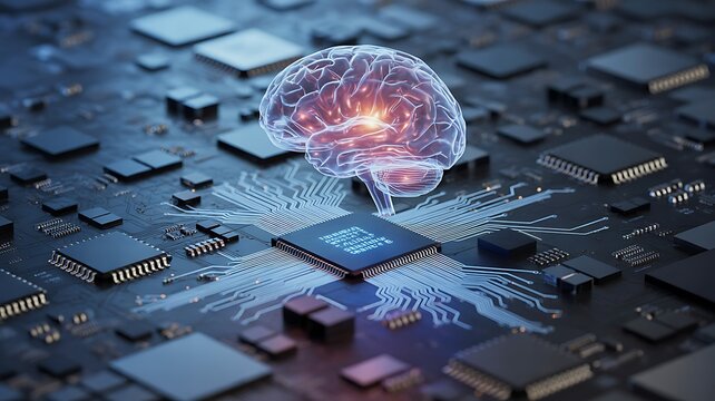 A glowing digital brain floats above a central processing unit on a complex circuit board with surrounded glowing electronic computer chip surrounded human brain model 