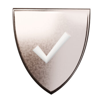 Metallic shield icon with check mark on transparent background
