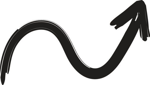 Wavy black arrow vector illustration featuring a hand-drawn brush stroke style pointing upward on white