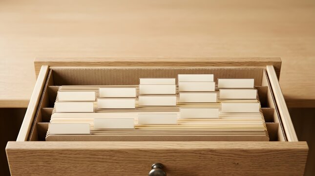 Open wooden drawer filled with organized hanging file folders and tabs