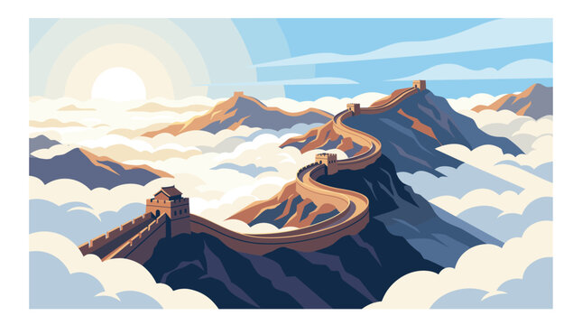 Stylized vector illustration of the Great Wall of China winding across mountain peaks above a sea of clouds at sunrise, scenic landscape with watchtowers and golden light.
