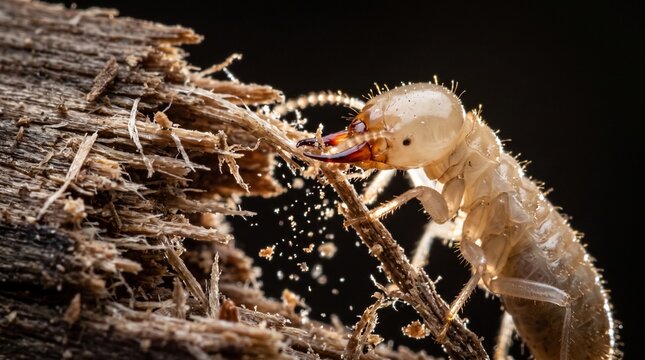 Macro shot of a soldier termite chewing on dry weathered wood causing damage with flying sawdust particles on dark background