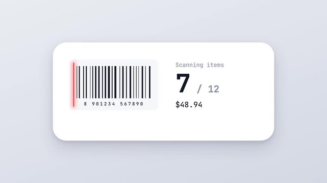 Animated barcode scanning interface showing items count progress and total price on white background