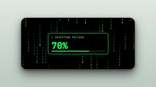 Animated hacking interface showing injecting payload progress bar with green falling code symbols