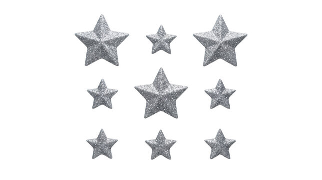 Set of nine sparkling silver glitter stars isolated on transparent background