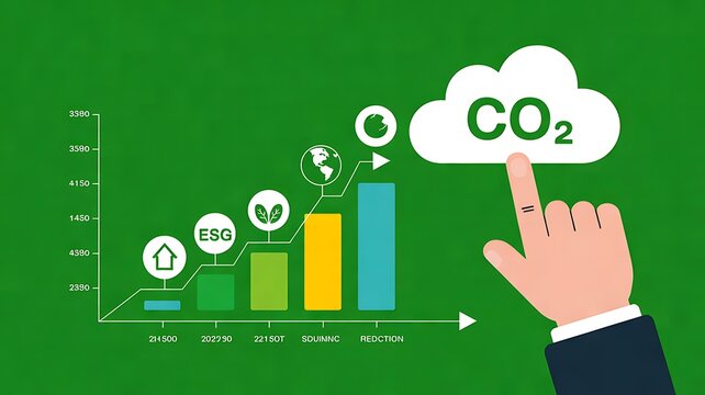 Businessman Hand touching CO2 cloud icon over green chart,showing carbon footprint,climate credits,corporate ESG compliance,emission reduction,sustainability,renewable,environmental protection concept