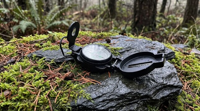 Matte black military lensatic compass resting open on a wet slate boulder covered in green moss and pine needles under overcast light.