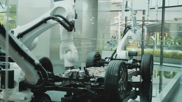 Two robot arms over electric vehicle chassis in glass display case
