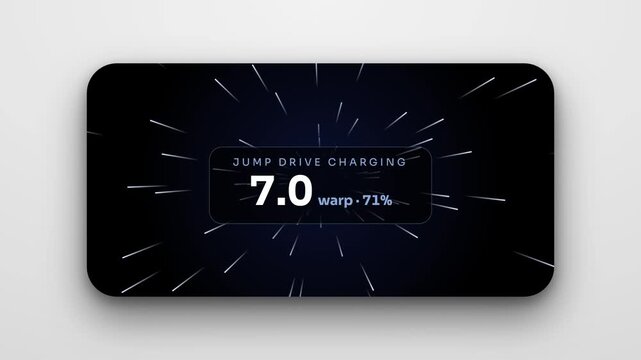 Animated science fiction spaceship user interface showing jump drive charging progress and warp speed data