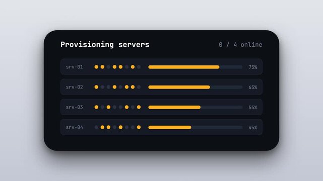 Animated UI interface displaying provisioning servers status progress bars on a dark tech dashboard