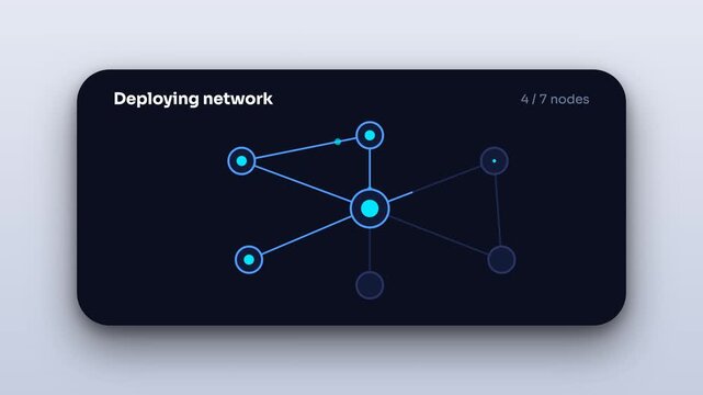 Animated user interface showing network deployment progress with node connections on dark background