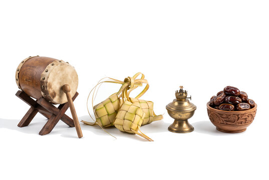 Ramadan and Eid elements set with bedug drum and ketupat on white