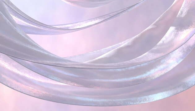Pale pink metallic ribbon swirling in open space. Fluid motion and cosmetic background concept. Silky pearlescent bands looping smoothly over soft pastel backdrop
