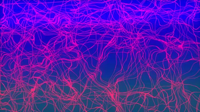 Abstract background of glowing pink chaotic wavy lines on a blue gradient surface curves patterns luminous