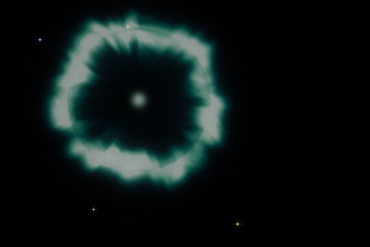 Luminous teal supernova blast shell expanding into deep black space with stars